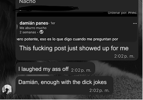 Chat with Nacho laughing about one of Damián's posts